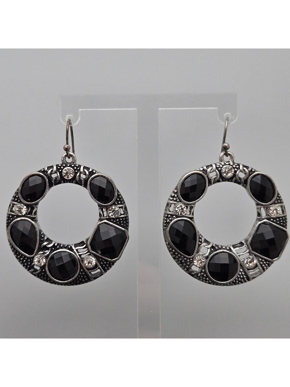 ✨2/$10✨ Vintage-Inspired Silver-Tone Hoop Drop Earrings w/ Black & Clear Stones